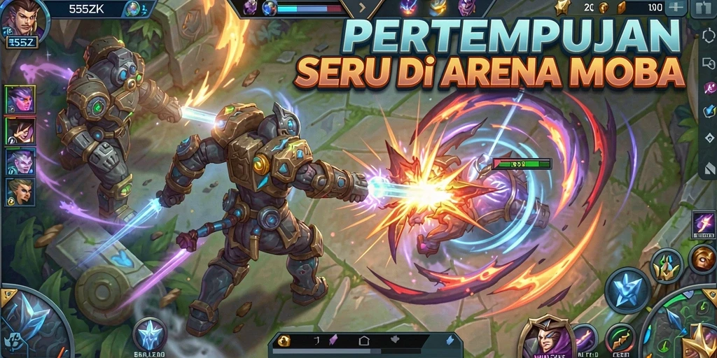 Tangkapan layar gameplay 555ZK yang penuh aksi di arena.