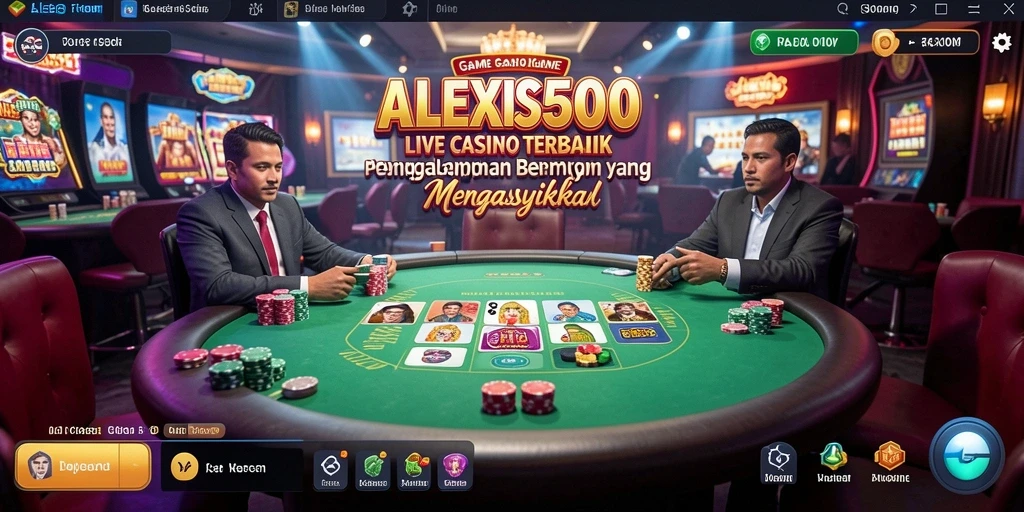 Tampilan gameplay ALEXIS500 yang menampilkan dealer profesional dan pemain yang bersemangat.
