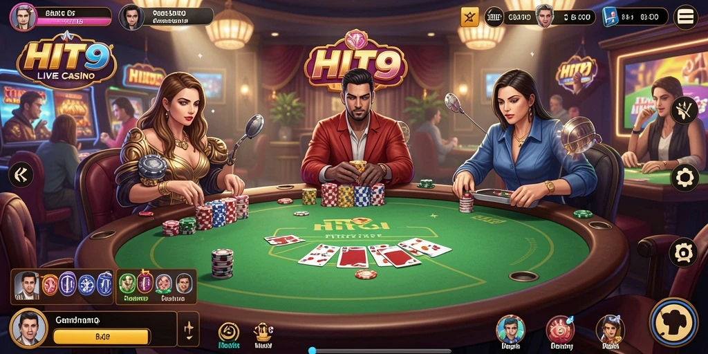 Screenshot gameplay HIT9 yang menampilkan dealer langsung dalam suasana kasino nyata.