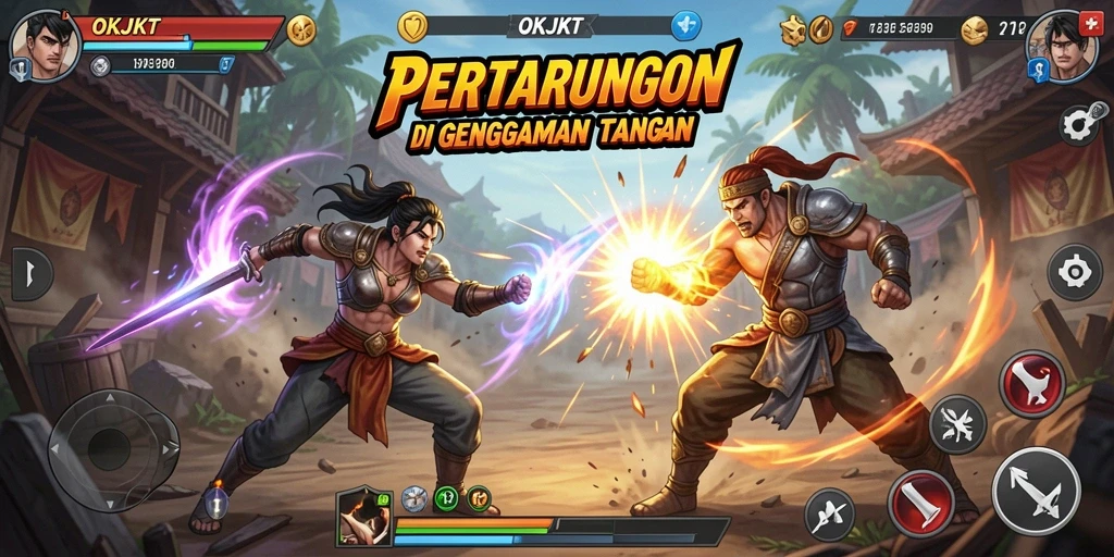 Screenshot permainan OKJKT dengan pertarungan yang intens dan visual menakjubkan.