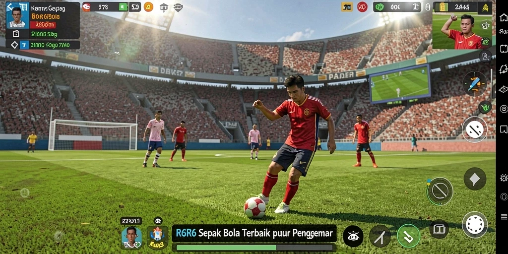 Screenshot gameplay R6R6 yang menunjukkan aksi sepak bola yang seru.