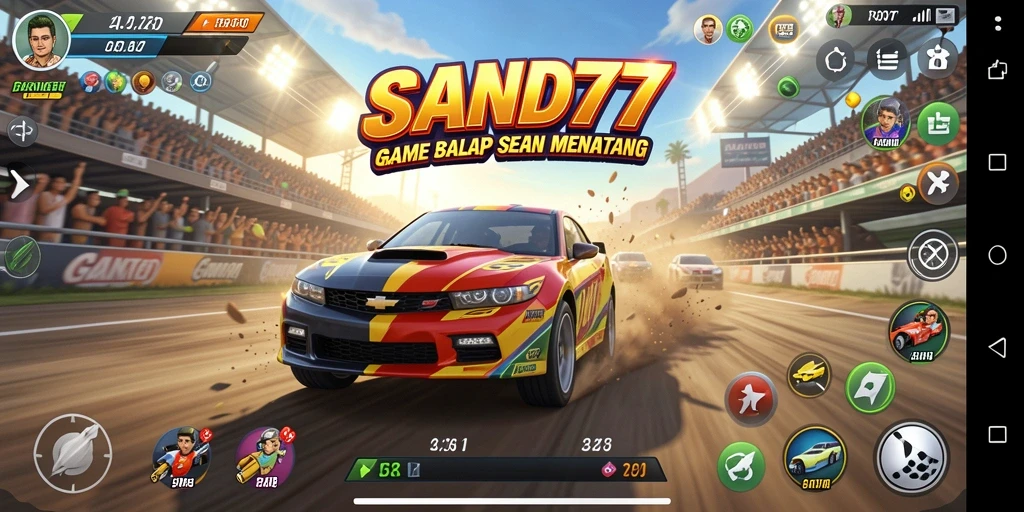 Tampilan screenshot utama SAND77 yang menunjukkan aksi balapan yang seru.