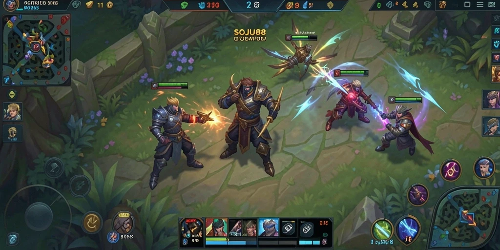 Screenshot gameplay <strong>SOJU88</strong> menunjukkan pertempuran seru di arena MOBA.